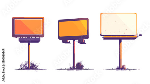Pixel Art Billboards in Orange and White with Retro Style on Isolated Background for Advertising