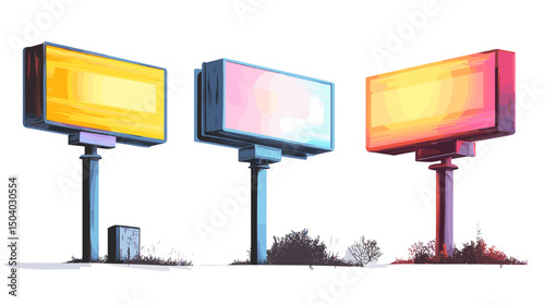 Pixel Art Billboards in Yellow Pink and Blue Colors Isolated on White Background For Advertising Design And Retro Vintage Aesthetic