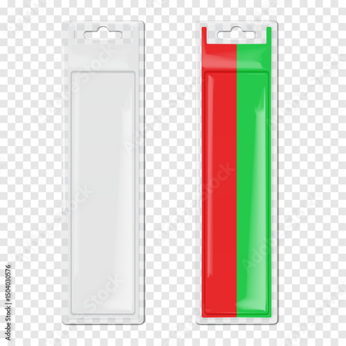 Hanging cardboard and clear plastic long rectangle blister box. Realistic 3d vector mockup. Blank transparent individual sleeve packaging with euro hole. Mock-up. Easy to edit. Template for design