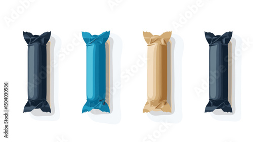 Pixel Art Collection of Four Cylindrical Packages in Dark Blue Light Blue Beige and Gray on White Background