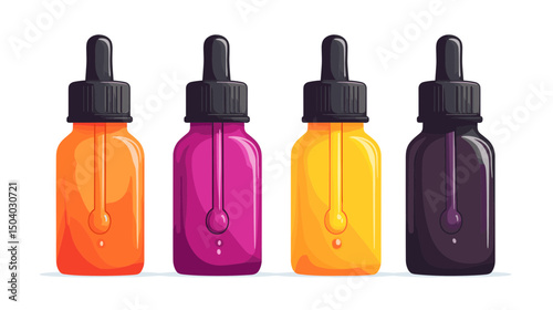 Pixel Art of Four Colorful Dropper Bottles Isolated on White Background Perfect for Beauty Wellness and Alternative Medicine Concepts