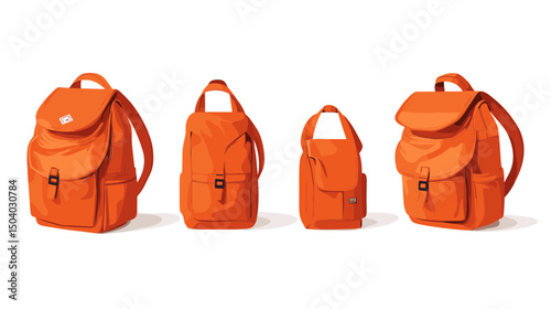 Pixel Art Orange Backpacks Set Collection on White Background Featuring School Travel Vintage Retro Styles with Various Sizes and Designs