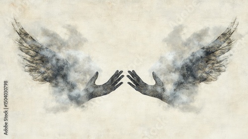 Wings and hands entwined in smoke, a delicate artistic depiction.