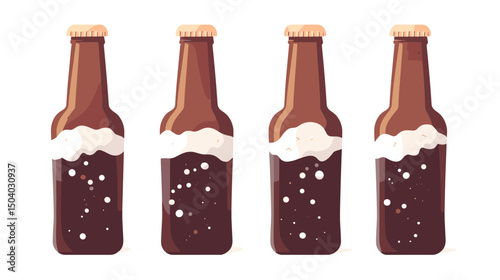 Pixel Art Style Four Brown Glass Bottles with Liquid Content on a White Plain Background