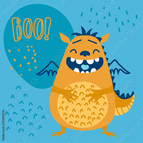 Cute funny Yellow monster on blue background. Monster character. Vector illustration.