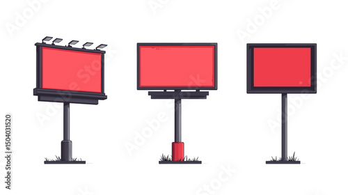 Red Advertisement Billboards With Empty Frames Displayed Outdoor for Marketing and Commercial Promotion With Pixel Defects