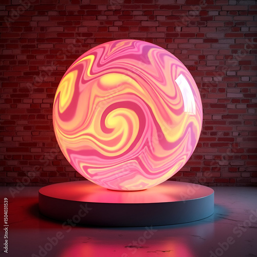 A pink and yellow sphere illuminated on a concrete podium against a brick wall.