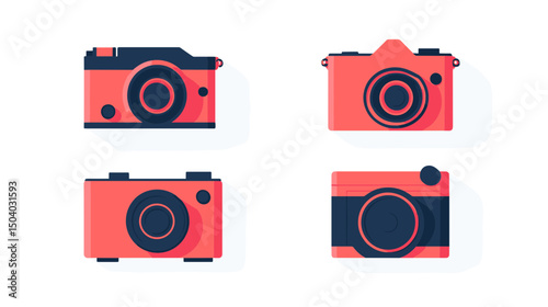 Retro Style Camera Collection in Red and Black with Pixelated Design Elements on White Background