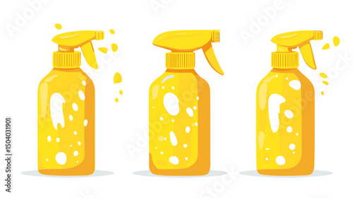 Set of Yellow Plastic Spray Bottles with Adjustable Nozzle for Cleaning Solutions in a Pixelated Style on White Background