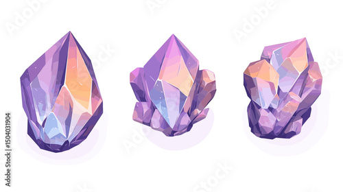 Set of Three Pixel Art Style Purple Crystals Gemstones on White Background Mineral Jewelry Decoration Resource