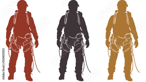 Silhouetted Climbers with Safety Harnesses and Ropes in Brown Dark Brown and Gold Color