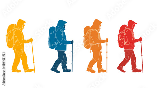 Silhouettes of Hikers with Backpacks and Walking Sticks in Textured Gradients against a White Background
