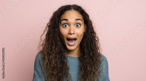 young black african american woman ( 24 years old) with a surprised and excited expression, neutral pastel background