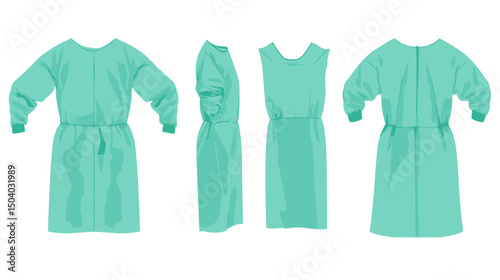 Surgical Green Gown Illustration Featuring Front Side and Back Views Protective Medical Clothing for Hospital Use