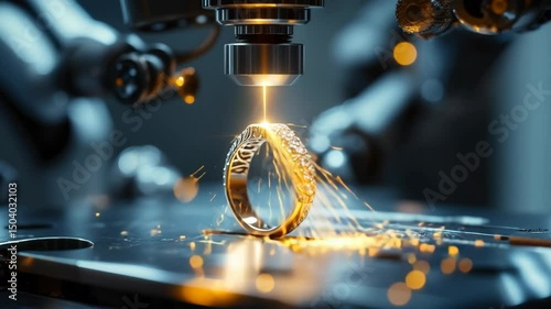 Laser engraving process captures detailed design on a silver ring inside a high-tech workshop
