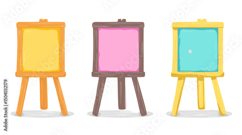 Three Colorful Art Easels with Yellow Pink and Blue Canvases on White Background
