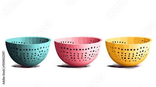 Three Colorful Pixelated Colander Bowls Blue Pink and Yellow in a Row Isolated on White Background
