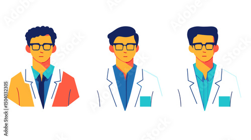 Three Doctors in White Coats Pixel Art Design With Glass Frames Medical Illustration