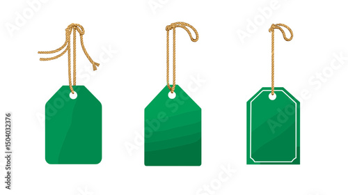 Three Green Cardboard Tags with Twine Strings on White Background for Price Labels and Decoration