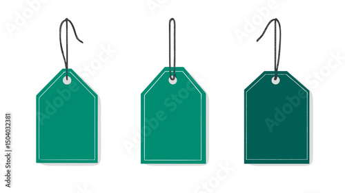 Three Green Paper Tags Hanging with String on a White Background for Retail Promotion and Product Labeling