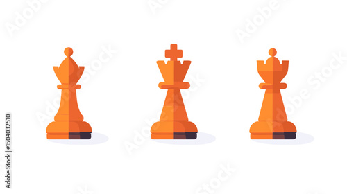 Three Orange Chess Pieces King Queen Bishop on White Background Depicting Strategy Game