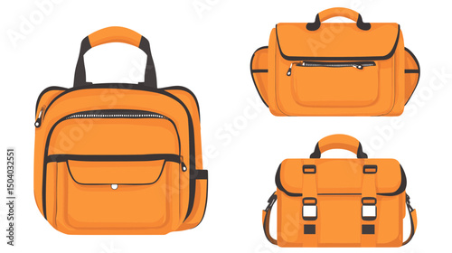 Three Orange Duffel Bags with Various Styles and Pockets on White Background Perfect for Travel and Weekend Getaways