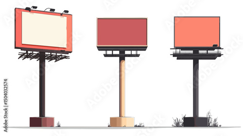 Three Outdoor Advertising Billboards in Varying Shades of Red on Poles Against White Background
