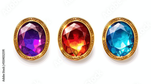 Three Oval Cut Gemstones Set in Ornate Gold Settings Isolated on White Background in a Studio Shot