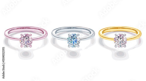 Three Oval Cut Diamond Rings in Gold Silver and Rose Gold on White Background