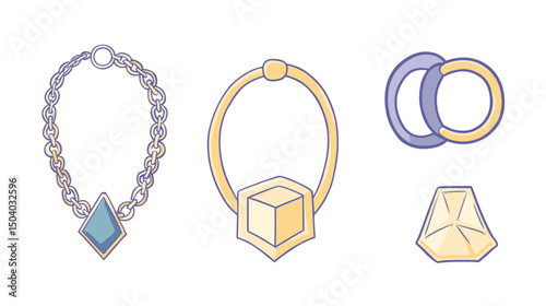 Collection of Golden Jewelry Including Necklaces and Rings with Blue Stones on a White Background