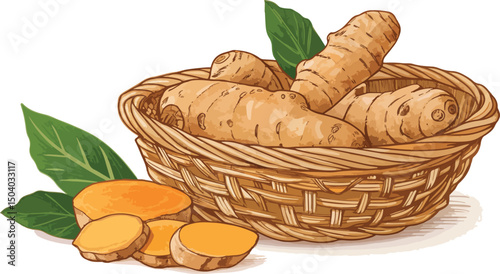 Ginger Root in Wicker Basket on White Background Vector Illustration