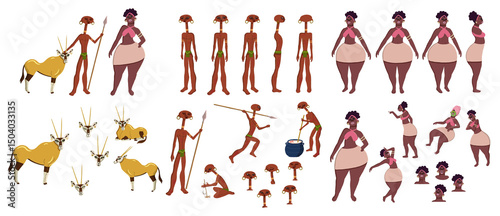 Cartoon African Characters: Hunter, Woman, and Antelope in Traditional Attire