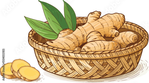 Ginger bulb in woven basket on white background vector illustration