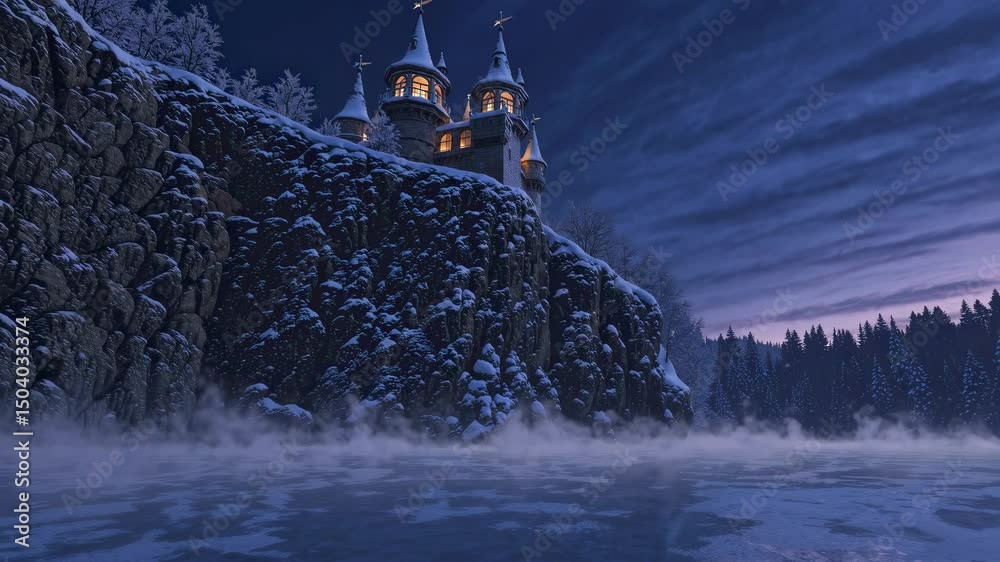 Ancient snowy fortress on high cliff with illuminated church under blue night sky brings mystery solitude spiritual awe heritage continuity timeless reflection