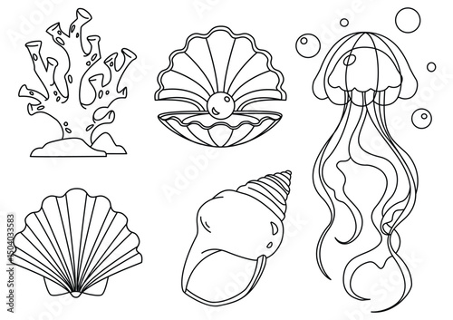 Underwater sea animals Line art set
