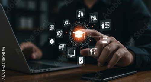 Person Interacting with a Digital Education and E-learning Network, Featuring a Glowing Graduation Cap Icon and Various Online Learning Tools and Resources