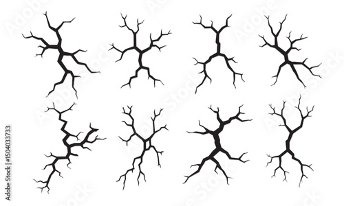 Set of 8 black crack illustrations with central branching lines in grid layout, minimal vector design on white background, root-like or lightning-shaped cracks with slight depth and shadow effect

