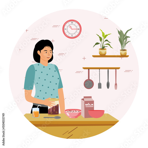 Homemade Yogurt concept. Smiling Woman making yogurt in Cozy Kitchen.