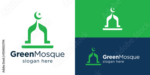 Creative green mosque logo template. Abstract leaf with mosque building for Islamic centre logo design vector illustration.
