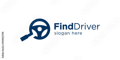 Creative simple find driver logo template. Magnifying glass with steering wheel logo design vector illustration.