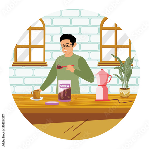 Grinding Coffee Beans concept. Man Grinding Coffee in Cozy Kitchen with a coffee grinder.