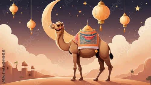 Eid al-Adha: Bakra Eid Painting with Festive Decorations, cow, cattle, camel, lamb, illustration, Background