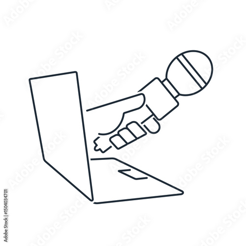 Laptop and hand with microphone. Online survey, opinion.Vector linear icon illustration on white background.