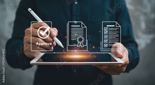 Digital Document Approval and Online Certification: A Person Using a Stylus on a Tablet to Approve Digital Documents, Contracts, or Certifications with Virtual Icons