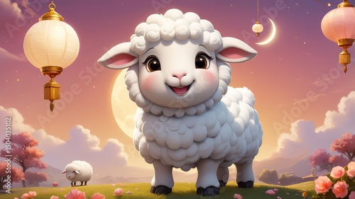 Eid al-Adha: Bakra Eid Painting with Festive Decorations, cow, cattle, camel, lamb, illustration, Background