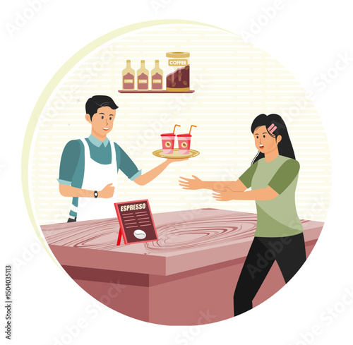 Take Away Coffee concept. Male Barista and Woman Interacting at a Coffee Shop Counter.