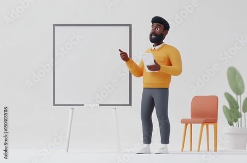 3D Black student presenting in front of class with pointer,