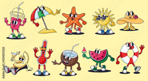 Retro cartoon summer characters. Groovy beach mascots, funny sun, cocktail, umbrella, starfish, hat, thermometer, coconut, watermelon, lifebuoy vintage 30s animation style vector illustration set.