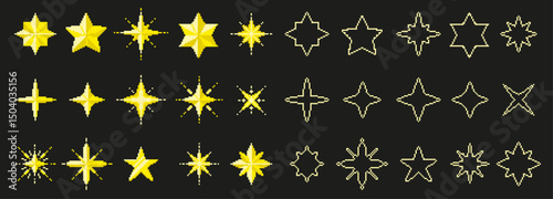 Pixel art stars. 8 bit sparkles, yellow golden shine star, space twinkle pixel game magic elements. Rating, ranking and level symbols. Spark effect vector pixelated UI icons.