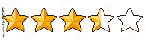 Pixel art rating stars. Five golden star feedback and customer review icons, retro 8 bit arcade game yellow elements. Pixelated score and level vector icons isolated set.